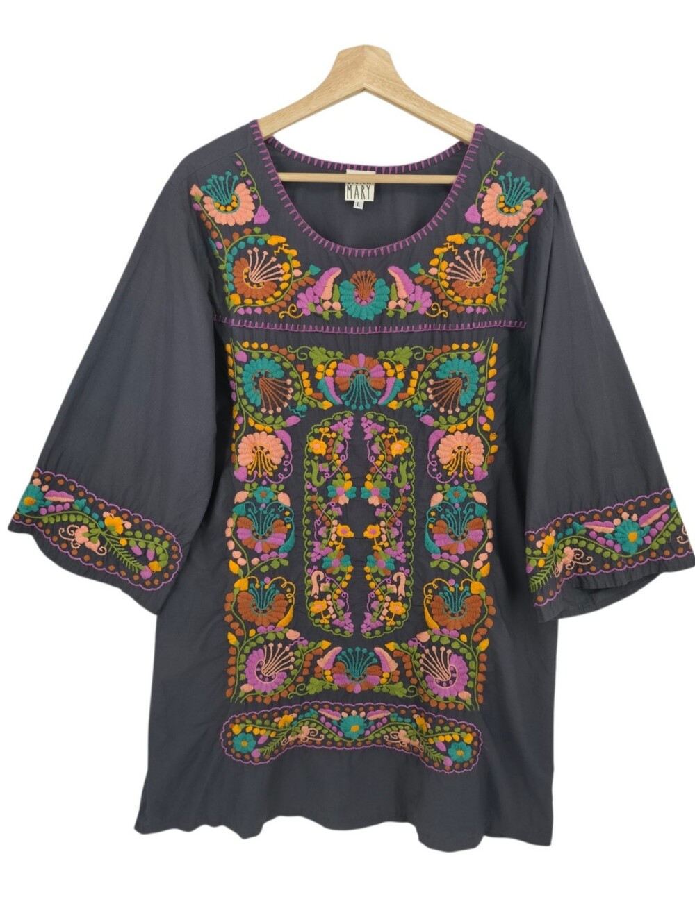 Sister Mary Embroidered Cotton Tunic Dress Large Gray Boho Folk Floral Artisan - Picture 2 of 16